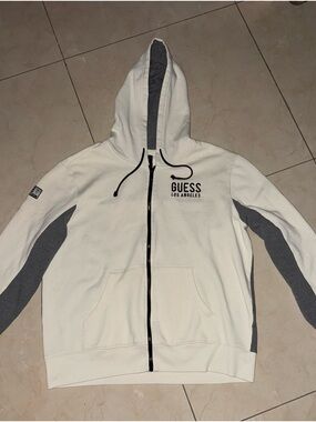 Guess Los Angeles Full Zip Hoodie Mens XL White Gray Fleece Logo Jacket